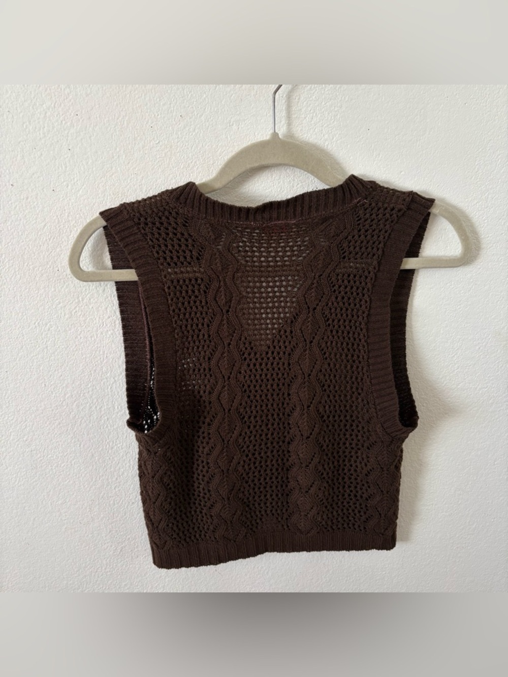 Vintage 70s brown crochet knit sweater vest top sleeveless button up indie - Picture 3 of 4